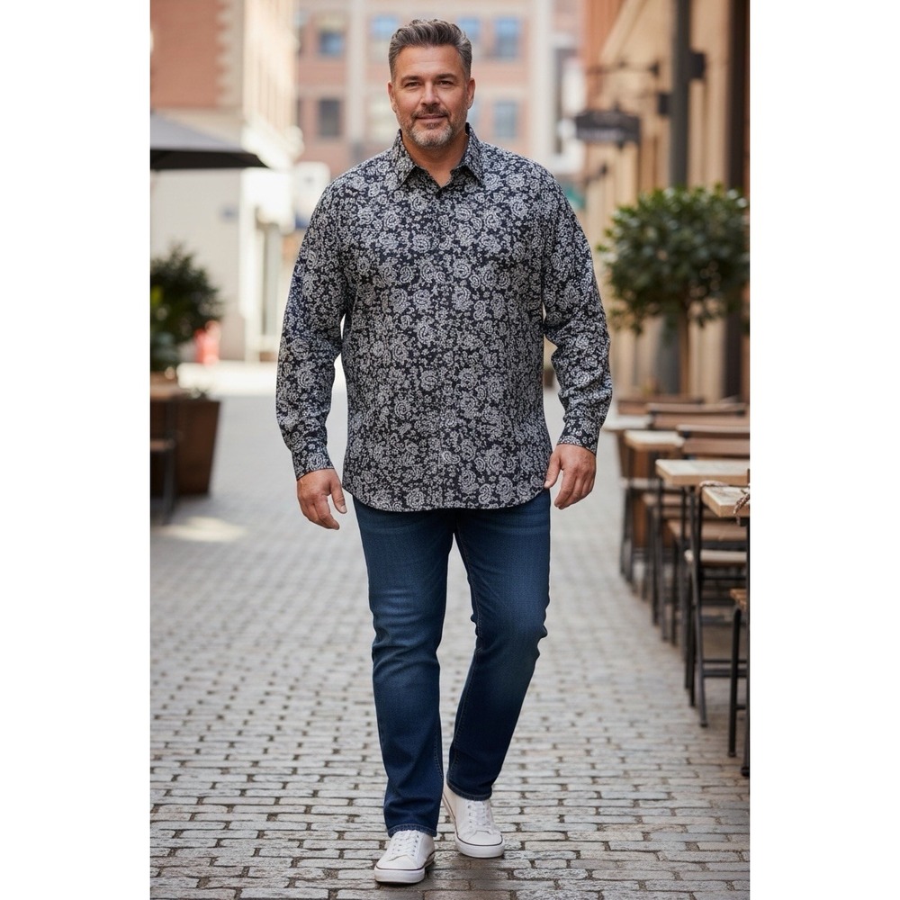 Silver Stone Paisley Button‎ Up Shirt Mens XXL Navy White Modern Fit
